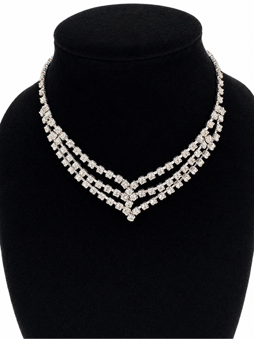 V-Shape Triple Row Crystal Necklace in Silver Tone